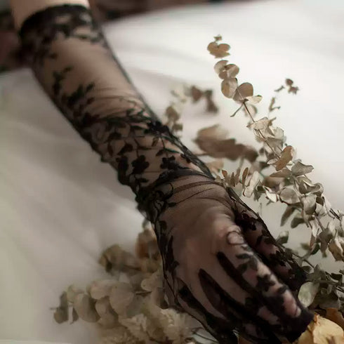 Gothic Black Lace Floral Gloves – Long Sheer Lace Gloves